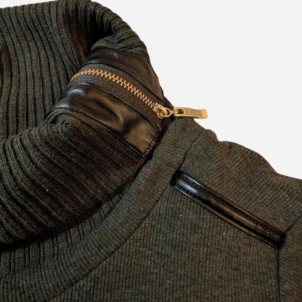 Raphaella Womens Hunter Green Embellished Faux Leather Zipper Knit Sweater 1X